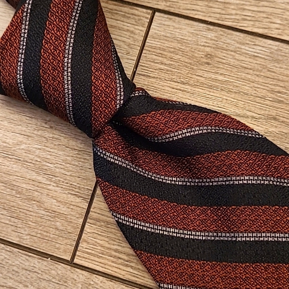ALTEA Italy Rustic Brown Black Striped Cotton Silk Blend Mens Tie